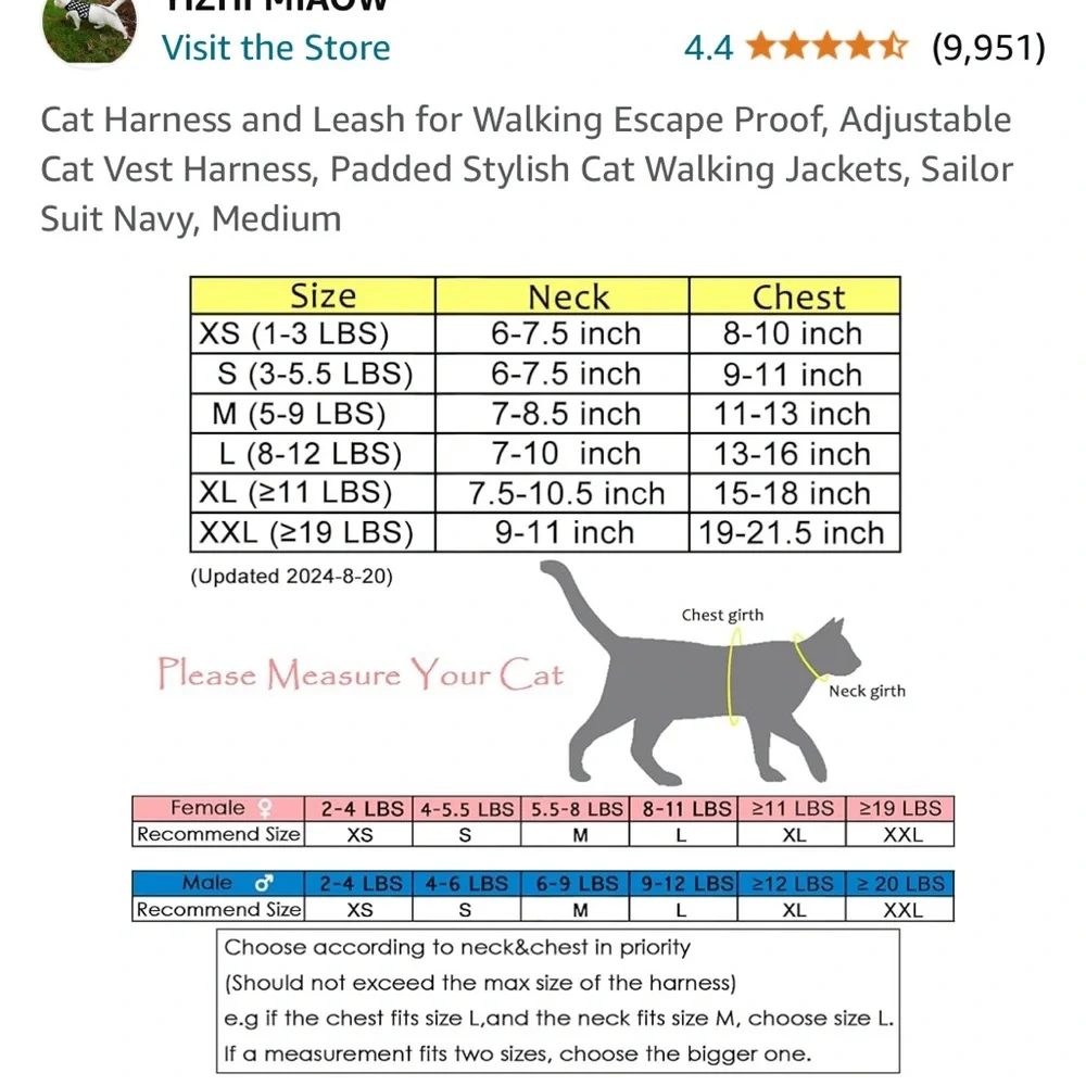 Cat Harness and Leash for Walking, Adjustable,Padded Sailor Suit Navy, Medium